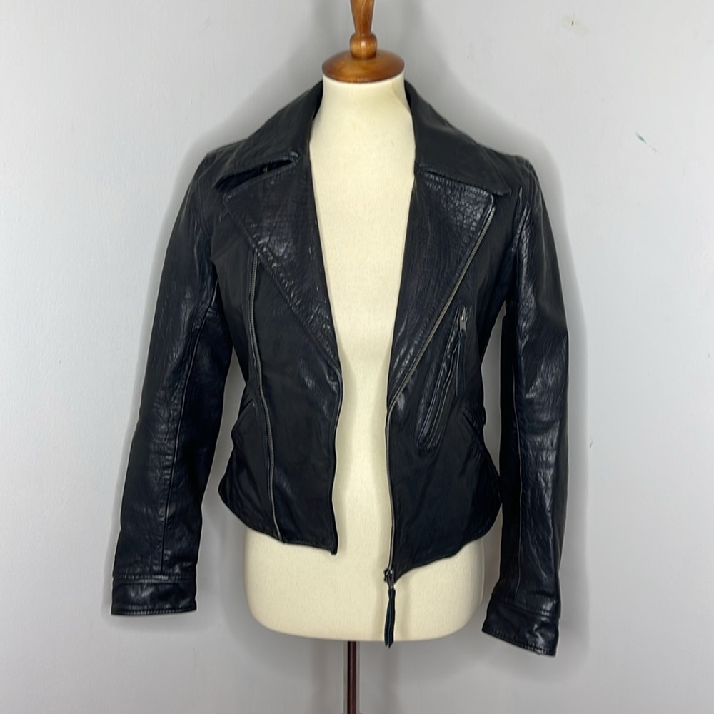 Polo Ralph Lauren Black Silver Zip Buffalo Leather Biker Moto Jacket - Picture 2 of 10